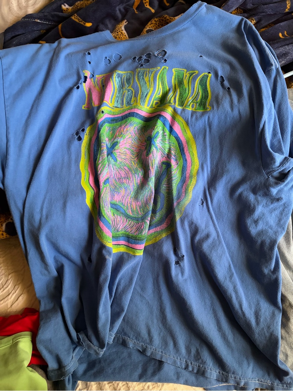 NIRVANA Blue Kids' Tee with Neon Pink, Green & Yellow Smiley
